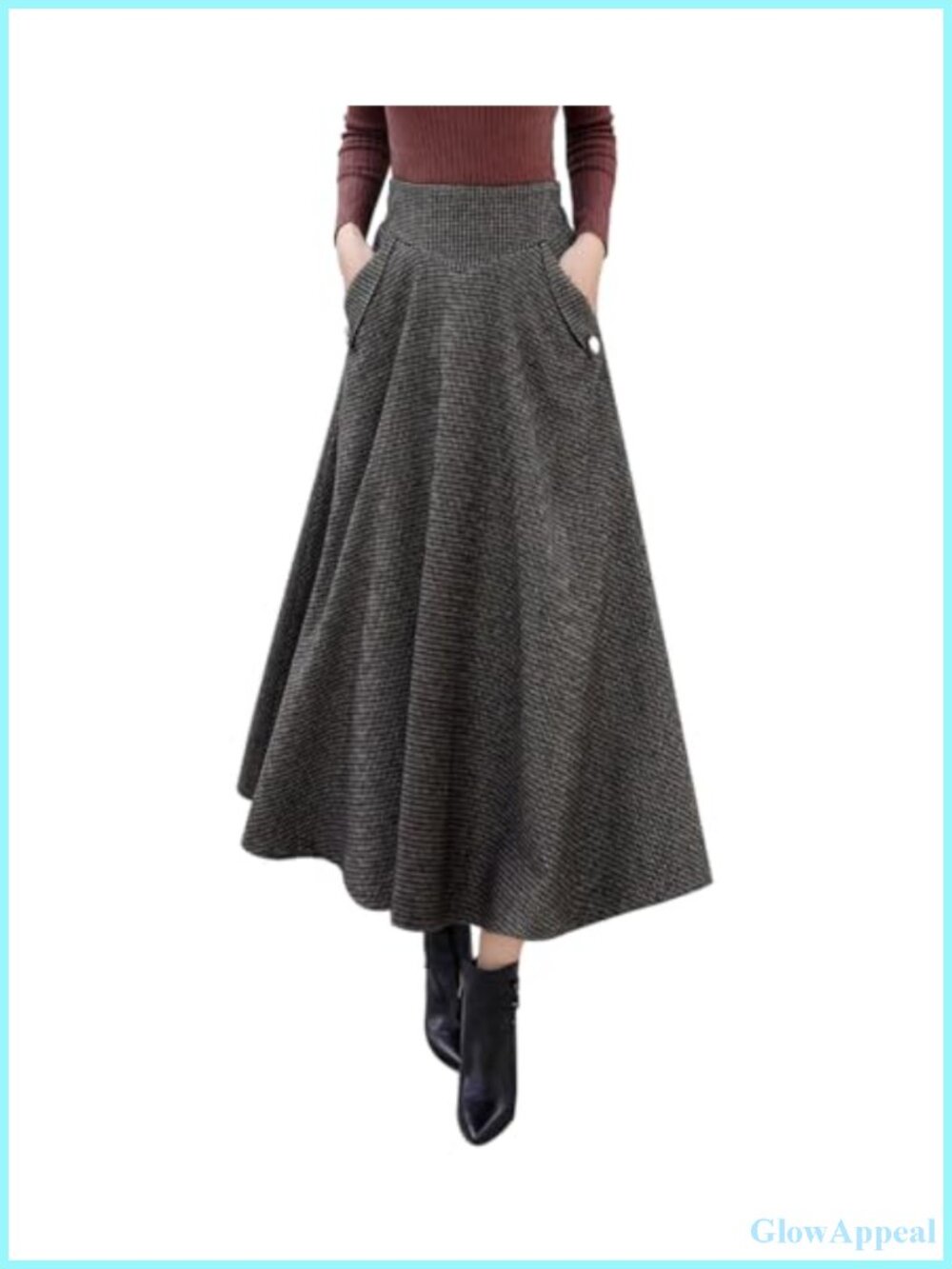 Plaid Wool Blend Long A-Line High Waist Pleated Swing Skirt